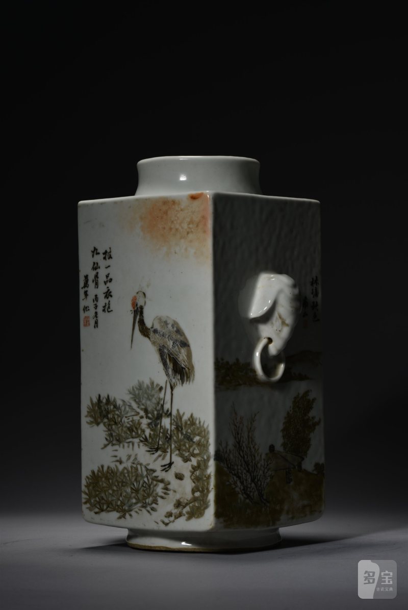清光绪 程南山浅绛彩山水花鸟琮式瓶 - 图10